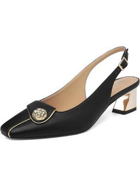 Women's Slingback Chunky Block Heels Closed Square Toe Pumps Low Heel Black